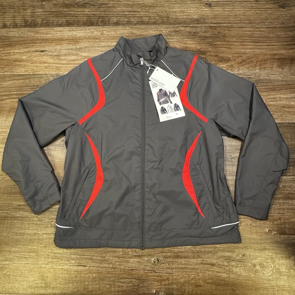 North End Women’s Windbreaker Jacket Large Gray Red Full Zip Reflective NWT